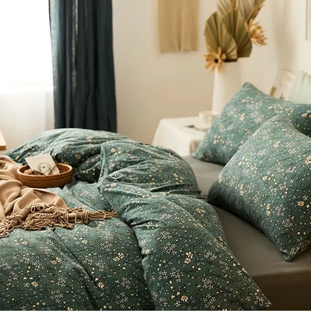 NEW Anthro Green Vintage Style Cotton Queen King Cotton Bedding Duvet & Sham Set